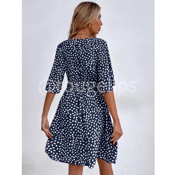 Navy Blue All Over Print Dress  White Dalmatian, Spotted Faux Wrap, Tie Belt - Picture 4 of 8